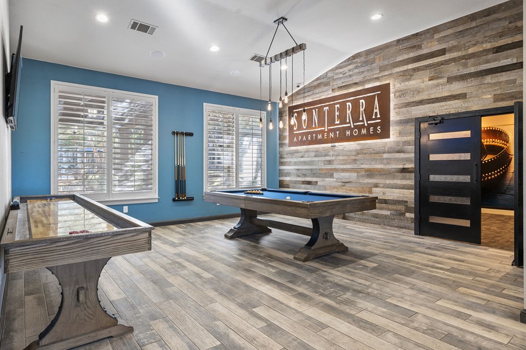 a game room with a pool table and a billiards at Sonterra Apartment Homes, Austin, 78726