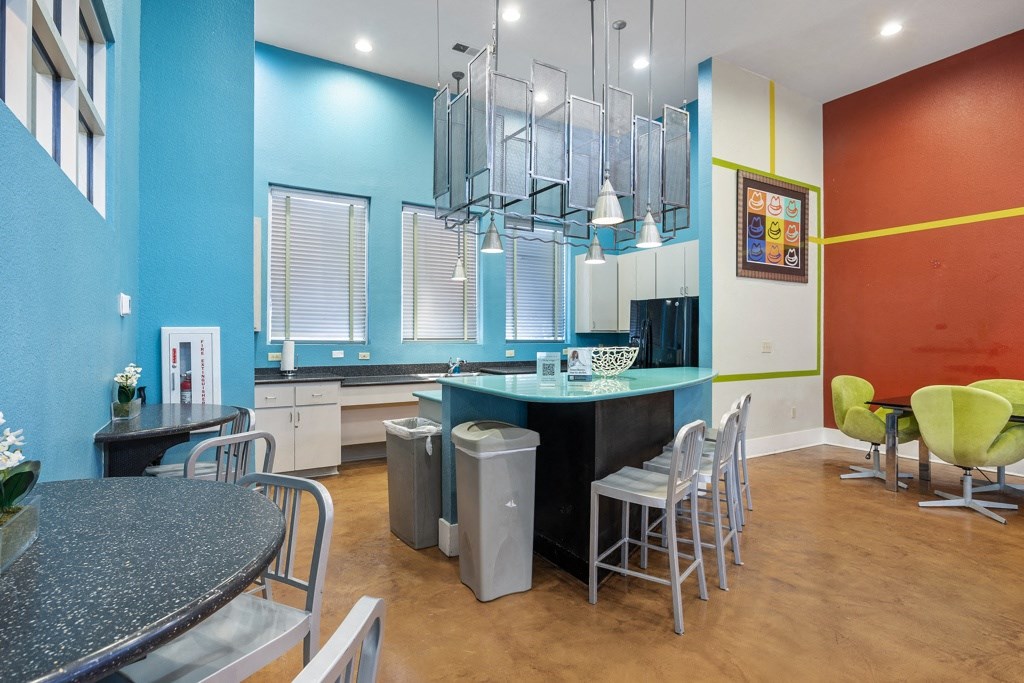 community kitchen in the resident center at Artisan Apartments & Shops, Austin