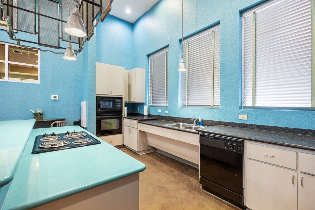 community kitchen in the resident center at Artisan Apartments & Shops, Texas