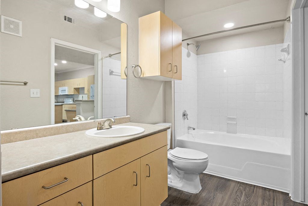 a bathroom with a sink toilet and garden bathtub at Artisan Apartments & Shops, Texas