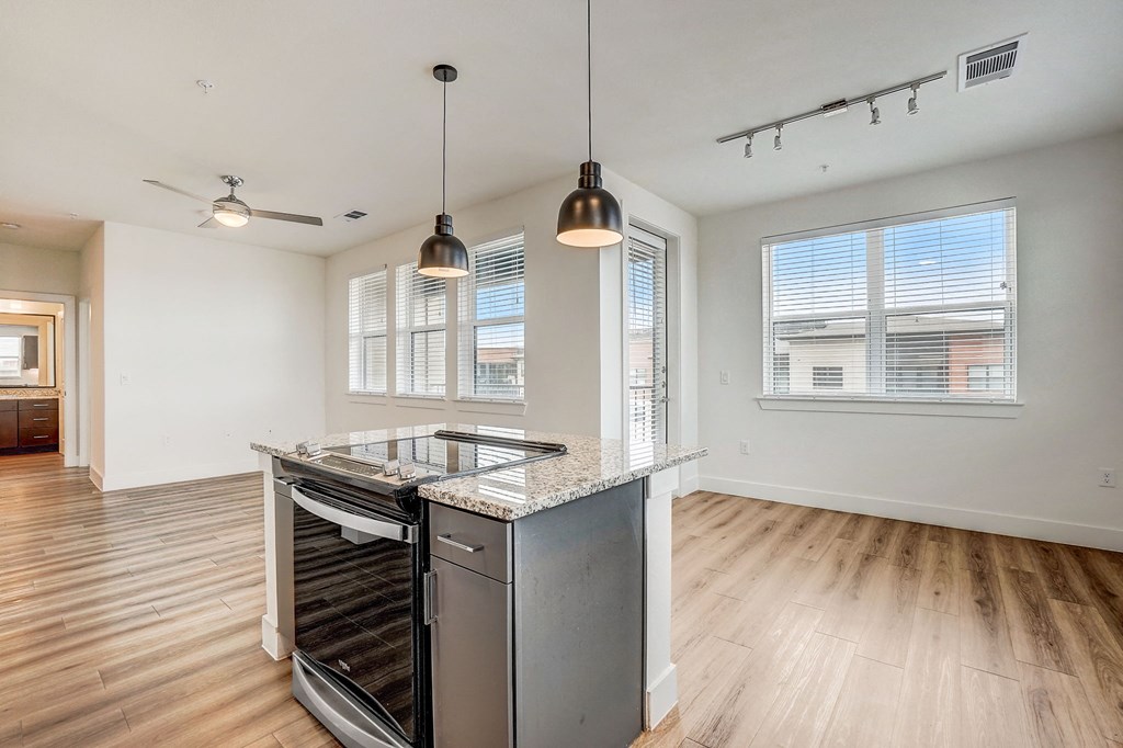an empty kitchen with stainless steel appliances and a counter top at Aurora Watson Branch, Texas, 76063