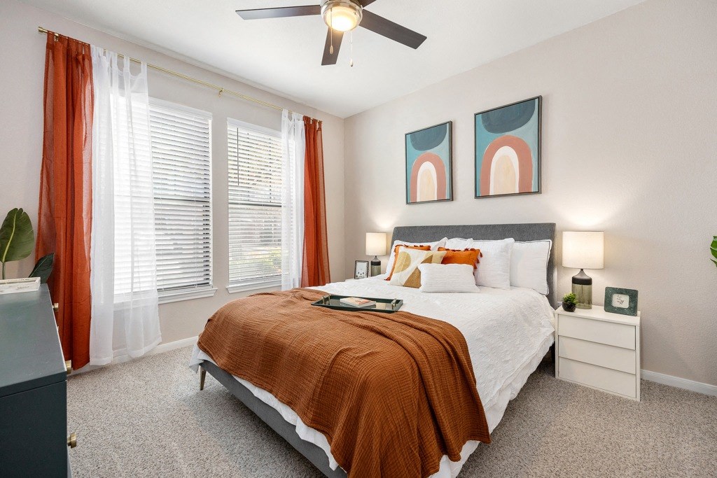 Bedroom With Ceiling Fan at Las Brisas Apartment Homes, Round Rock, TX