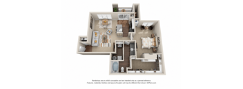 A 3D floor plan of a house with a kitchen, living room, and bathroom.