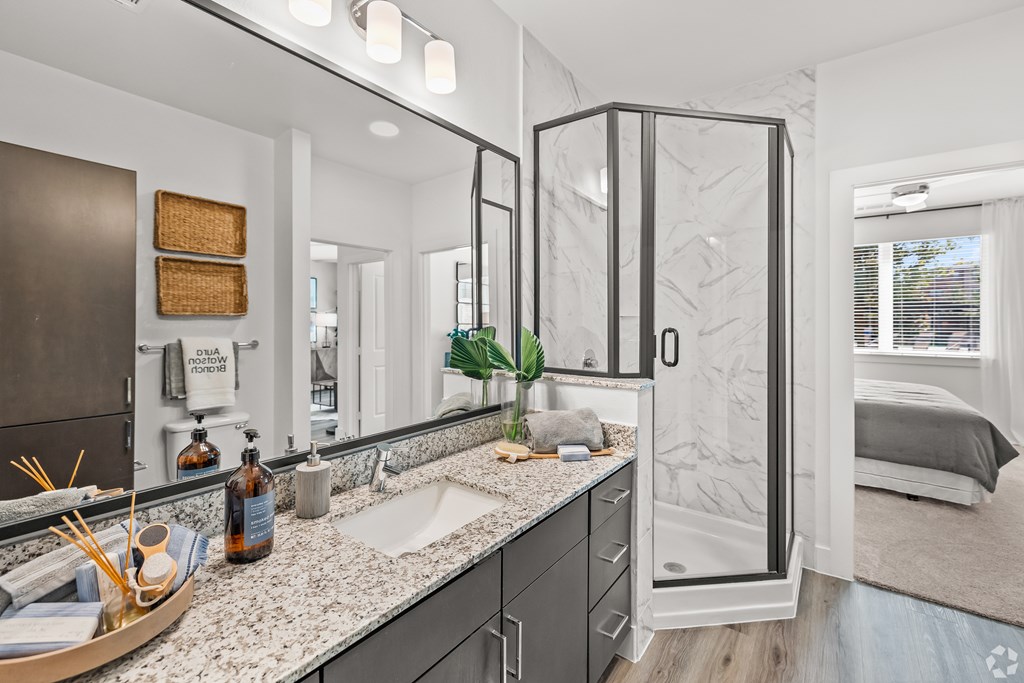 A bathroom with a sink, mirror, and shower. at Aurora Watson Branch, Texas