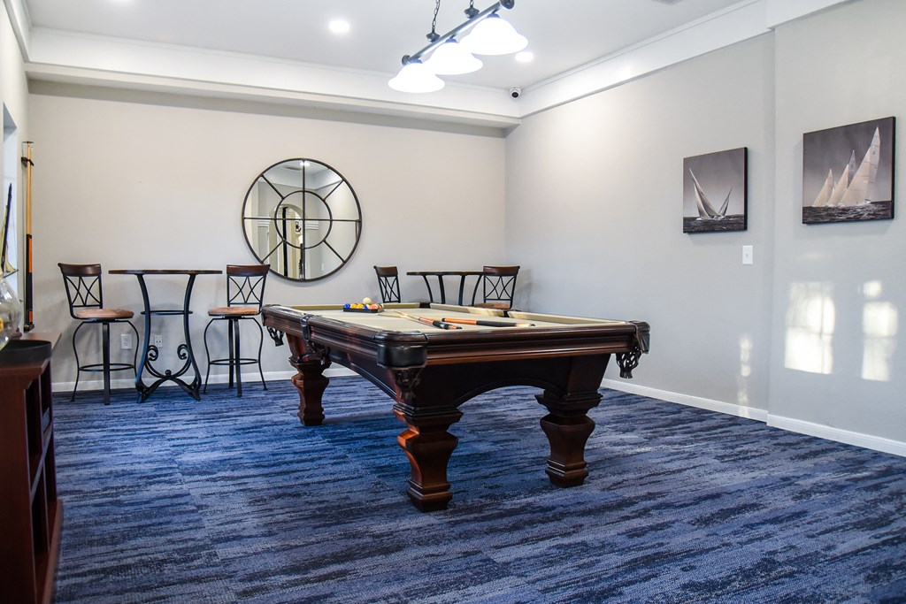 Game room with billiards table at The Legends at Eagle Mountain Lake, Fort Worth, Texas