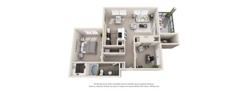 A 3D floor plan of a house with a kitchen, living room, and bathroom.