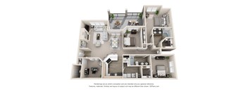 A 3D floor plan of a house with multiple rooms and furniture.
