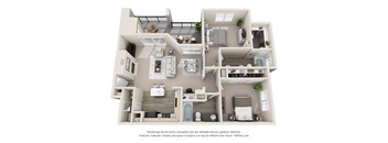A 3D floor plan of a small apartment with a kitchen, living room, and two bedrooms.
