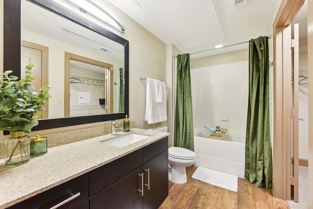 a bathroom with a sink and a toilet and a shower at Lakeline East Apartments, Cedar Park