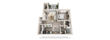 A 3D floor plan of a house with a kitchen, living room, and two bedrooms.