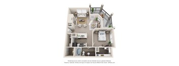 A 3D floor plan of a house with a kitchen, living room, and bathroom.