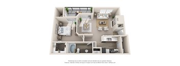 A 3D floor plan of a house with a kitchen, living room, and bathroom.