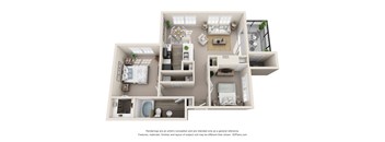 A 3D floor plan of a house with a kitchen, living room, and bedrooms.