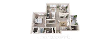 A 3D floor plan of a house with a living room, dining room, kitchen, and two bedrooms.