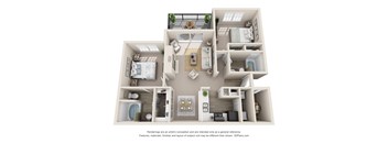 A 3D floor plan of a house with multiple rooms and furniture.