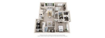 A 3D floor plan of a house with a kitchen, living room, and bedrooms.