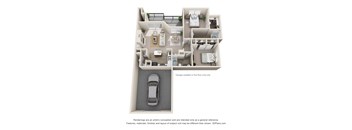 A 3D floor plan of an apartment with a car parked in the driveway.