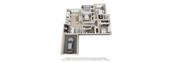 A 3D floor plan of a house with a car parked in the garage.