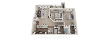 A 3D floor plan of a house with a kitchen, living room, bedrooms and bathrooms. at The Legends at Eagle Mountain Lake, Texas, 76179