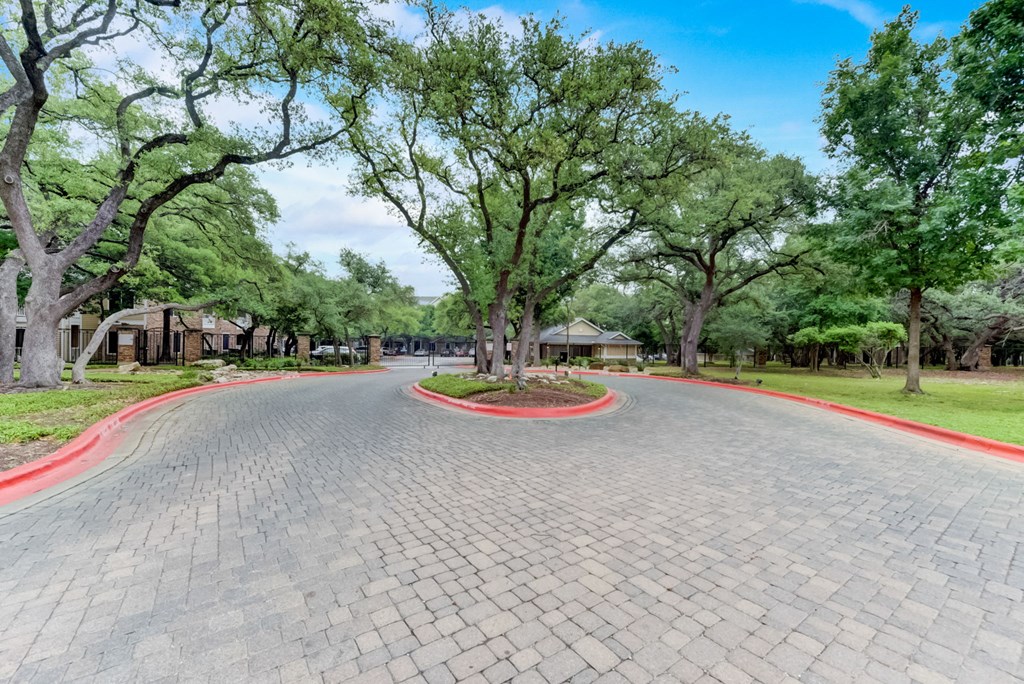 an empty street with trees in the middle of it
