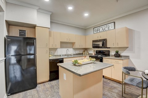 a kitchen with stainless steel appliances and a counter top