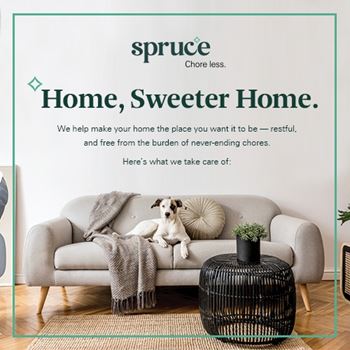 A poster with a dog on a couch and the text "spruce Home, Sweeter Home."