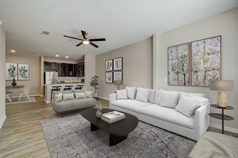 a living room with couches and a coffee table