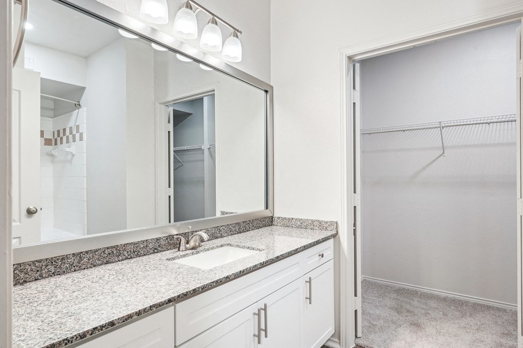 a bathroom with a sink and a mirror at La Ventura Apartments, Plano, 75093