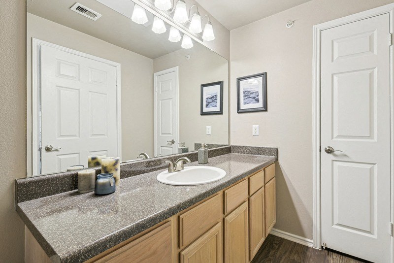a bathroom with a sink and a mirror at TalaVera Apartments, Texas, 78232