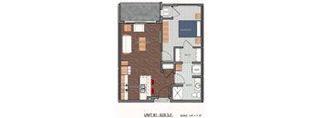 A floor plan of a one bedroom apartment with a living room, kitchen, and bathroom.