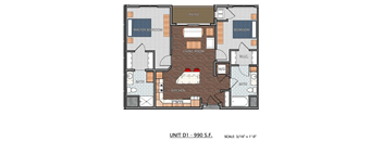 A floor plan of a unit with a kitchen, living room, bedrooms and a bathroom.