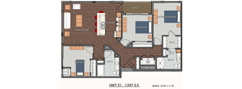 A floor plan of a small apartment with a living room, kitchen, dining room, and bedrooms.