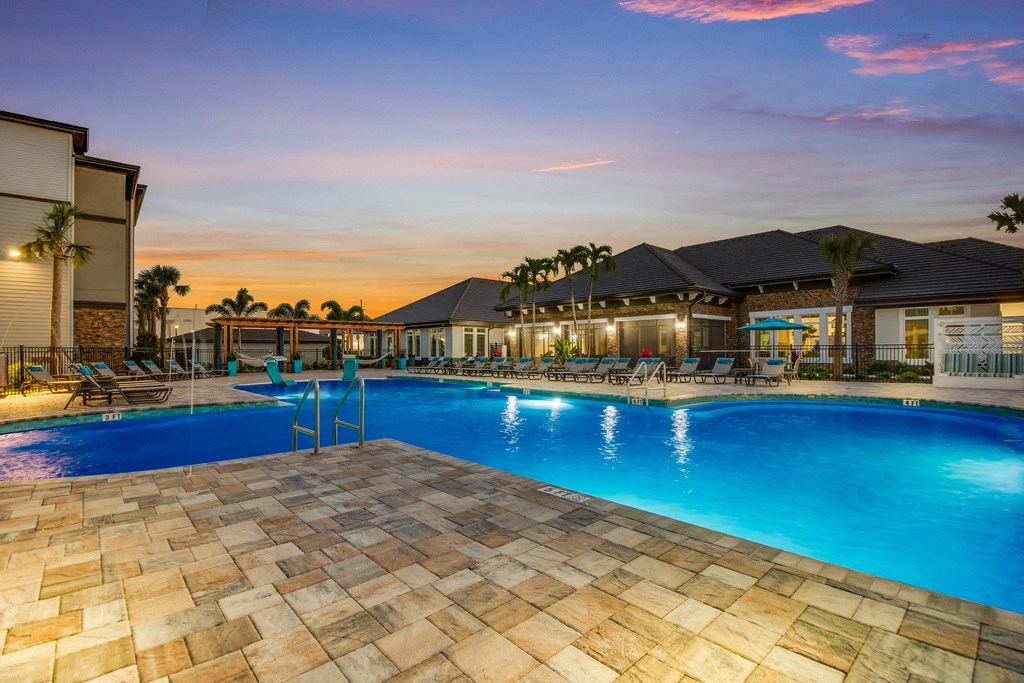 Pool View In Night at The Oasis at Lakewood Ranch, Bradenton, Florida