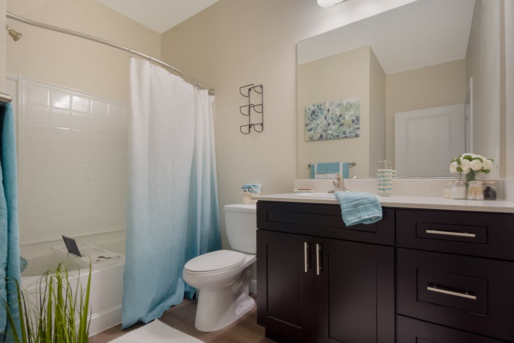 a bathroom with a white toilet next to a bathtub with a blue shower curtain  at The Oasis at Manatee River, Bradenton, FL