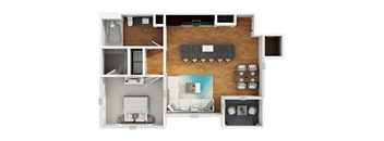 A floor plan of a small apartment with a kitchen, living room, and bathroom.