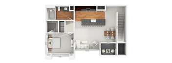A floor plan of a small apartment with a kitchen, living room, and bathroom.