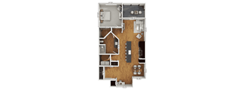 A floor plan of a house with a kitchen, living room, and two bedrooms.