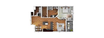 A floor plan of a house with a living room, dining room, kitchen, and two bedrooms.