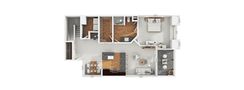 A floor plan of a house with a living room, kitchen, and bathrooms.