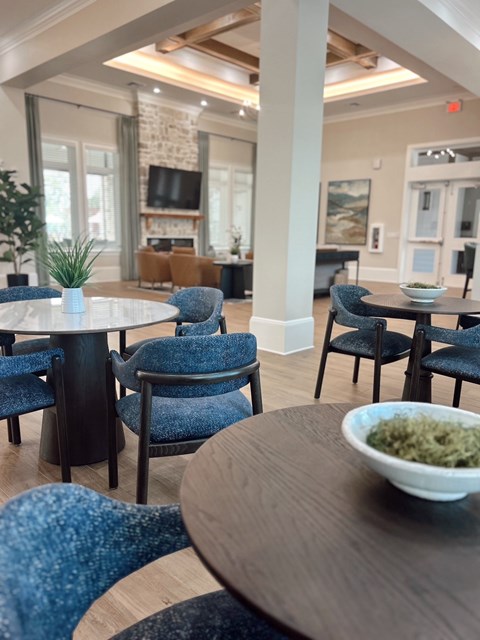 A dining area with blue chairs and a bowl of green food on the table.