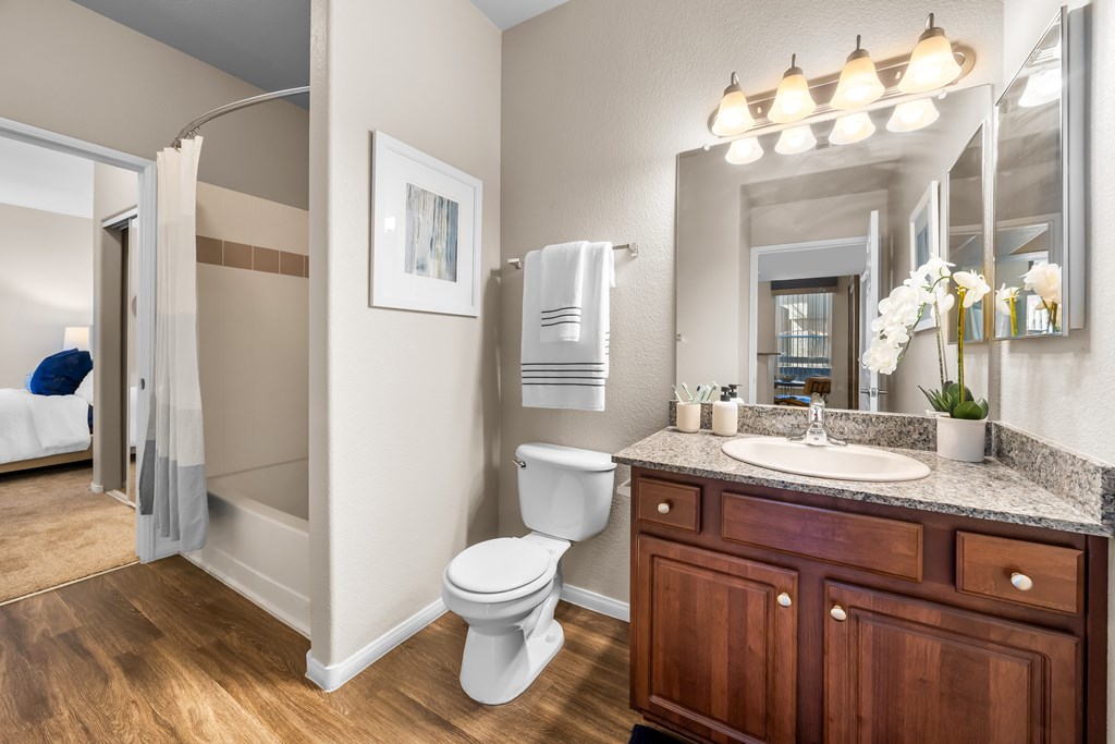 A bathroom with a toilet, sink, and mirror. at The Equestrian by Picerne Apartments, Nevada