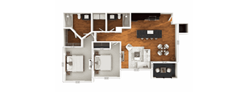 A floor plan of a house with a kitchen, living room, and two bedrooms.