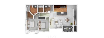 A floor plan of a house with a living room, kitchen, and two bedrooms.