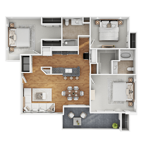 A top-down view of a modern apartment layout with a central living area, bedrooms, and bathrooms at The Summit by Picerne, Nevada, 89052