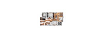 A floor plan of a house with a kitchen, living room, dining room, and two bedrooms.