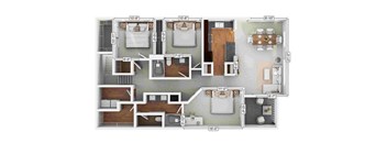 A floor plan of a house with three bedrooms, a living room, a dining room, a kitchen, and a garage.