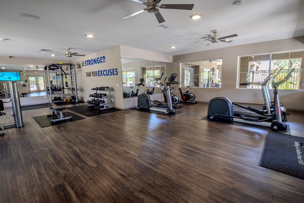 Large gym room with plank flooring, free weights, and aerobic machines