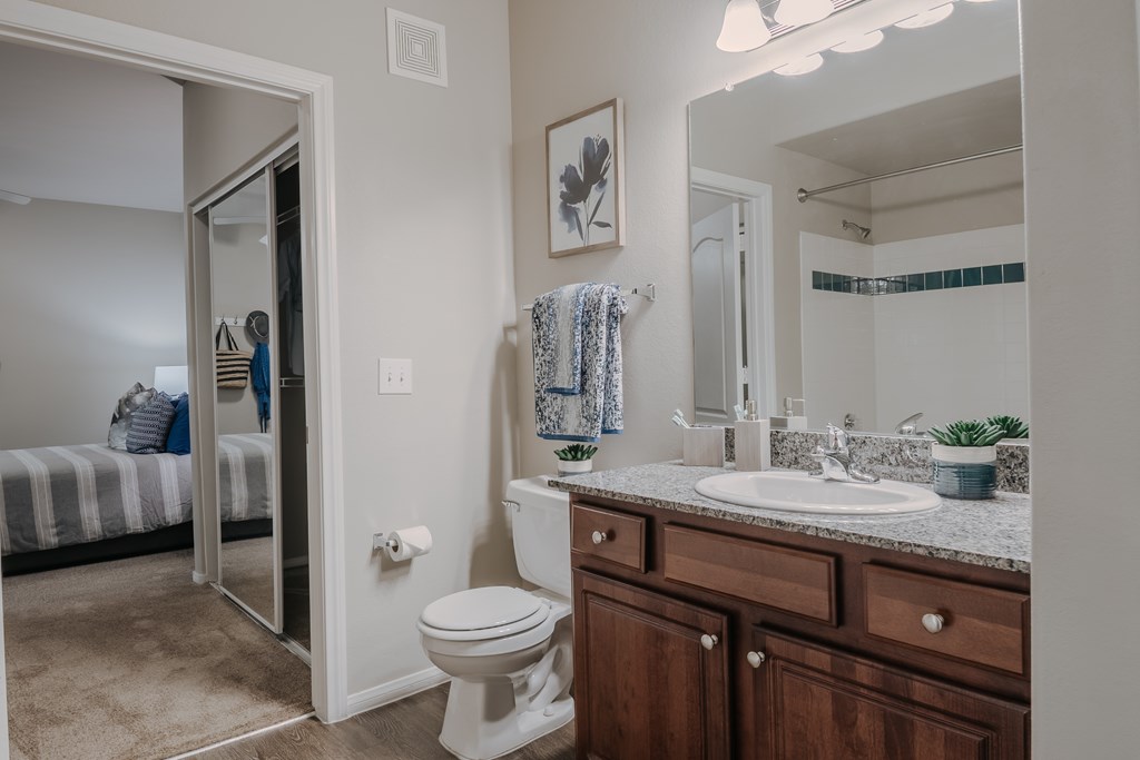 A bathroom with a toilet, sink, and mirror.