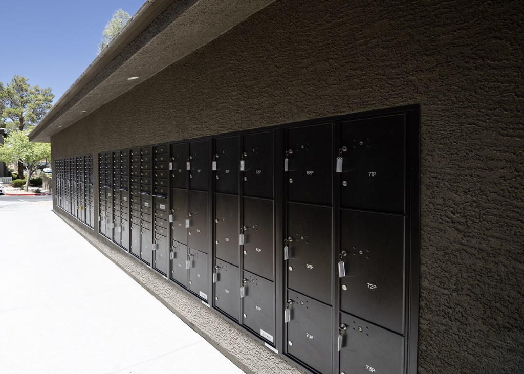 A row of black mailboxes are mounted on a wall.