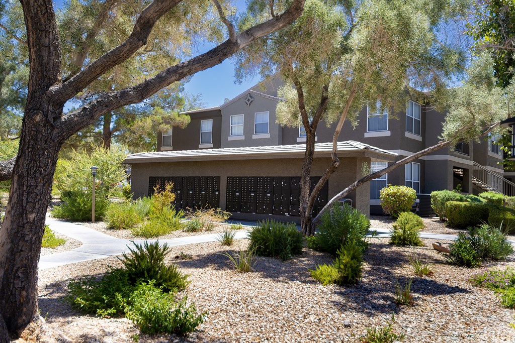 A zoomed out shot of the exterior mailboxes